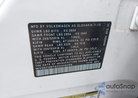 2013 Volkswagen Touareg Vr6 Sport from USA, damaged, VIN WVGEF9BP6DD009489